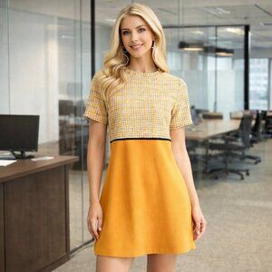 Tweed and Suede Work Dress Office Dress with Side Pockets Gold & Yellow
